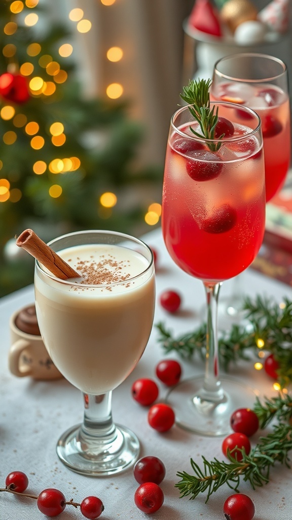 A festive table with holiday cocktails including eggnog and cranberry mimosas, decorated with holiday lights.